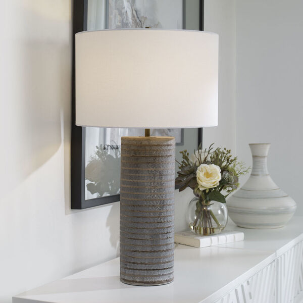Monolith Pewter Gray and Antique Brass Table Lamp with White Shade, image 4