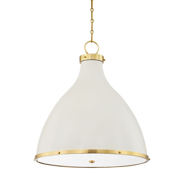 Painted No. 3 Aged Brass and Off White Three-Light Pendant, image 1