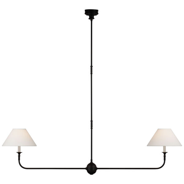 Piaf Large Two Light Linear Pendant in Aged Iron and Ebonized Oak with Linen Shades by Thomas O'Brien, image 1