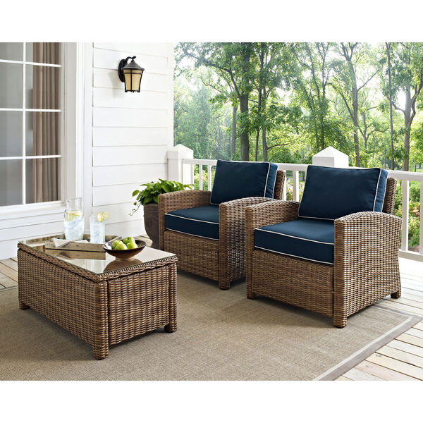 Bradenton 2 Piece Outdoor Wicker Seating Set with Navy Cushions - Two Arm Chairs, image 2