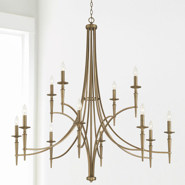 Abbie Aged Brass 12-Light Chandelier with White Fabric Stay Straight Shades, image 5