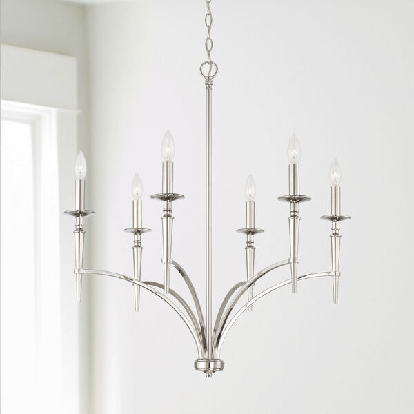 Abbie Polished Nickel and White Six-Light Chandelier with White Fabric Stay Straight Shades, image 5