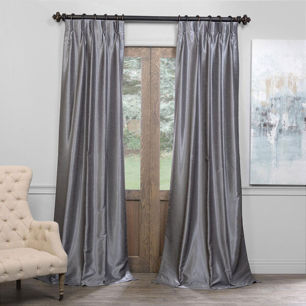 Gray 25 x 96-Inch Blackout Vintage Textured Faux Dupioni Silk Pleated Curtain, image 1