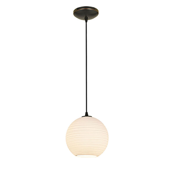 Japanese Lantern Oil Rubbed Bronze One-Light Mini Pendant with White Lined Glass, image 1