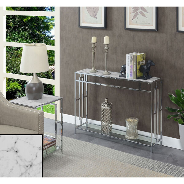 Town Square White Faux Marble and Chrome Console Table with Shelf, image 2