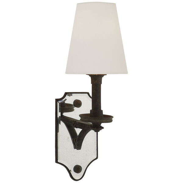 Verona Mirrored Sconce in Weathered Iron with Linen Shade by Thomas O'Brien, image 1