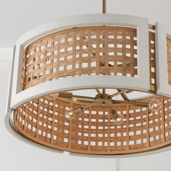 Lola Flat White and Matte Brass Six-Light Chandelier Made with Handcrafted Mango Wood and Rattan, image 4