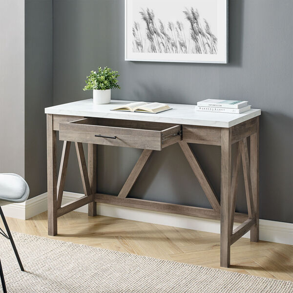 A-Frame Faux White Marble and Grey Wash 46-Inch Computer Desk with Drawer, image 2
