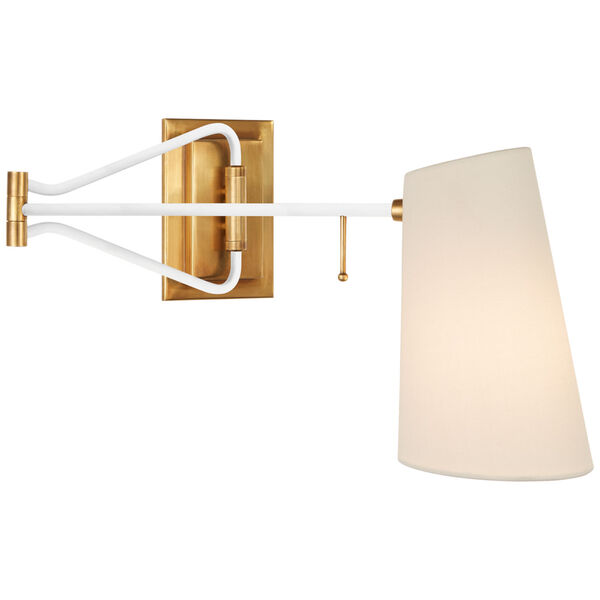 Keil Medium Swing Arm Wall Light in Hand-Rubbed Antique Brass and White with Linen Shade by AERIN, image 1