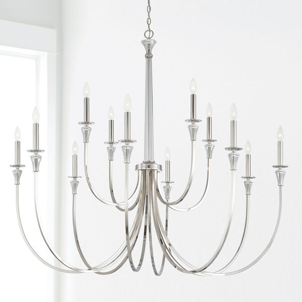 Laurent Polished Nickel 12-Light Chandelier with Crystal Column and Bobeches, image 2