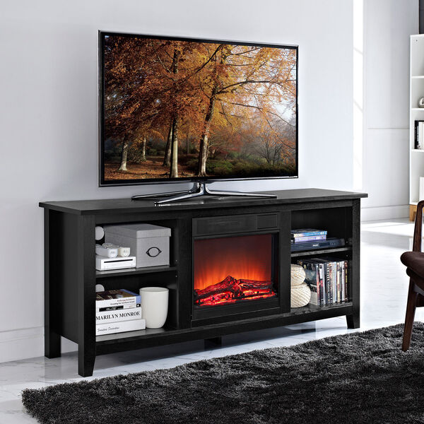 58-inch Black Wood TV Stand with Fireplace Insert, image 1
