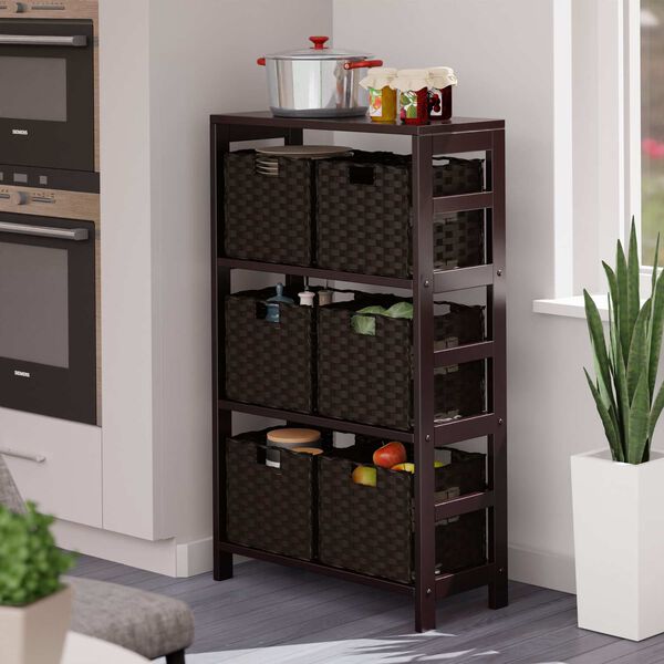 Leo Espresso Storage Shelf with Six Foldable Woven Baskets, 7-Piece, image 3