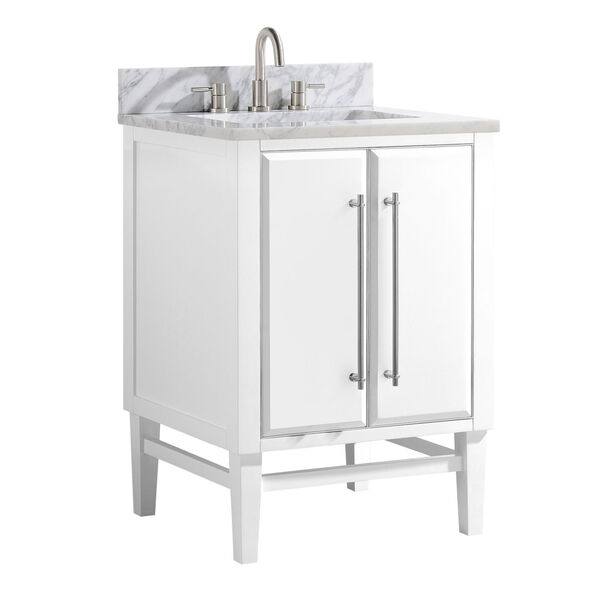 White 25-Inch Bath vanity Set with Silver Trim and Carrara White Marble Top, image 2