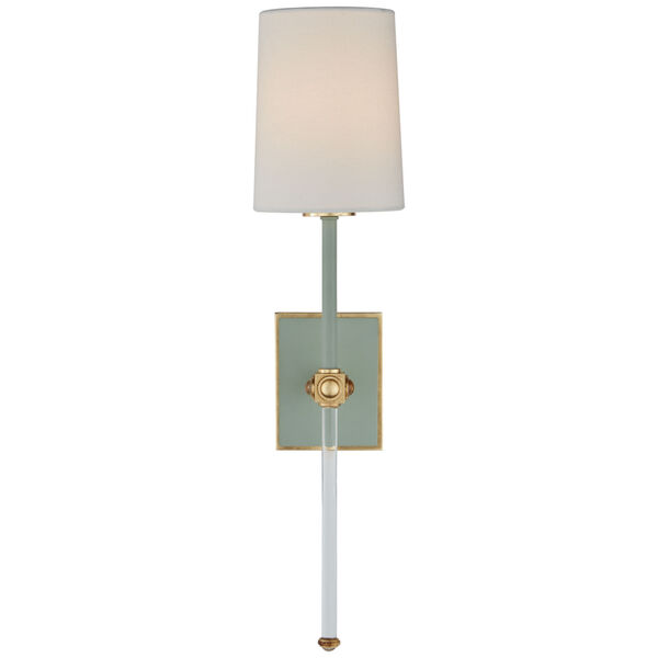 Lucia Medium Tail Sconce in Celadon and Crystal with Linen Shade by Julie Neill, image 1