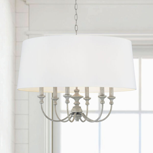 Penelope Painted Grey and White Six-Light Drum Pendant with White Fabric Shade, image 2