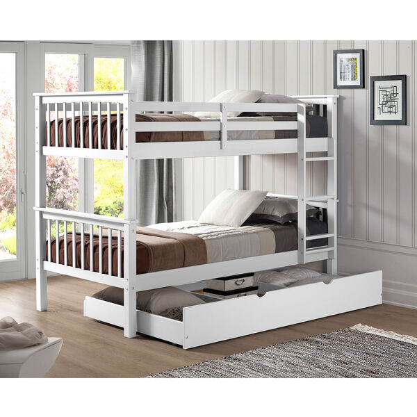 Solid Wood Twin Bunk Bed with Trundle Bed - White, image 1