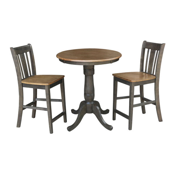 San Remo Hickory and Washed Coal 30-Inch Pedestal Gathering Height Table With Counter Height Stools, Three-Piece, image 1