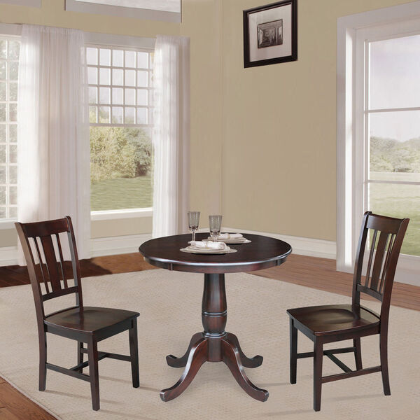 Rich Mocha 30-Inch Round Top Pedestal Dining Table with Two Splatback Chair, Three-Piece, image 1
