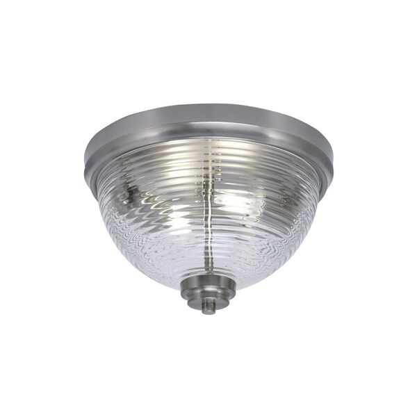 Brushed Nickel Two-Light Flush Mount with Clear Ribbed Glass, image 1
