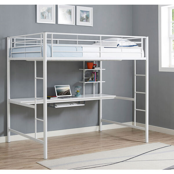 Premium Metal Full Size Loft Bed with Wood Workstation - White, image 1