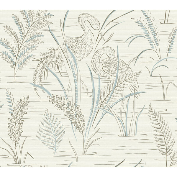 Grandmillennial Brown Blue Fernwater Cranes Pre Pasted Wallpaper, image 2