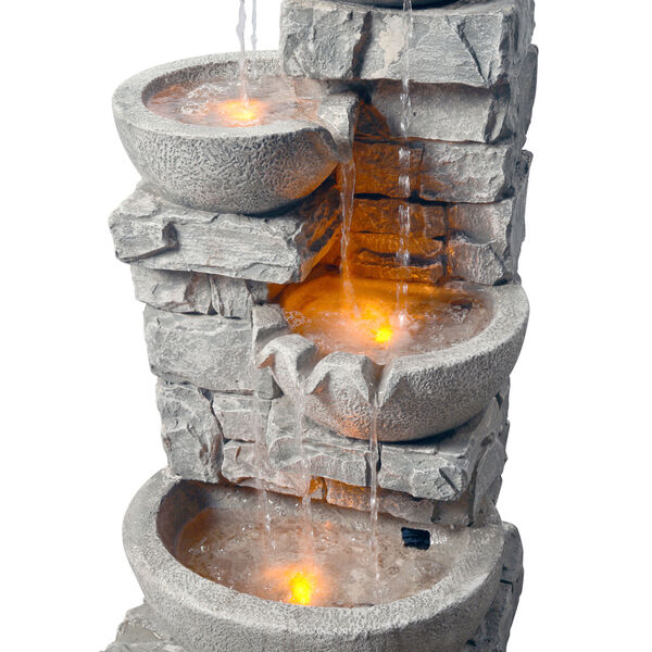 Stone Grey Outdoor Stacked Stone Tiered Bowls Fountain with LED Light, image 3