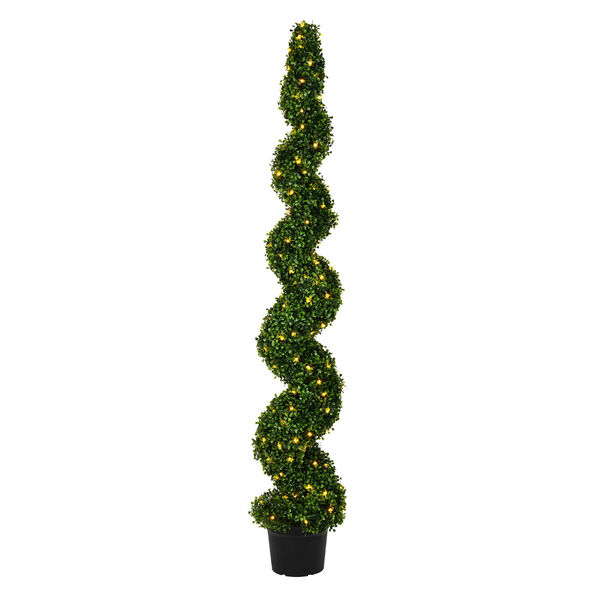 Green 72-Inch Spiral Boxwood Tree in Black Pot with LED Lights, image 1