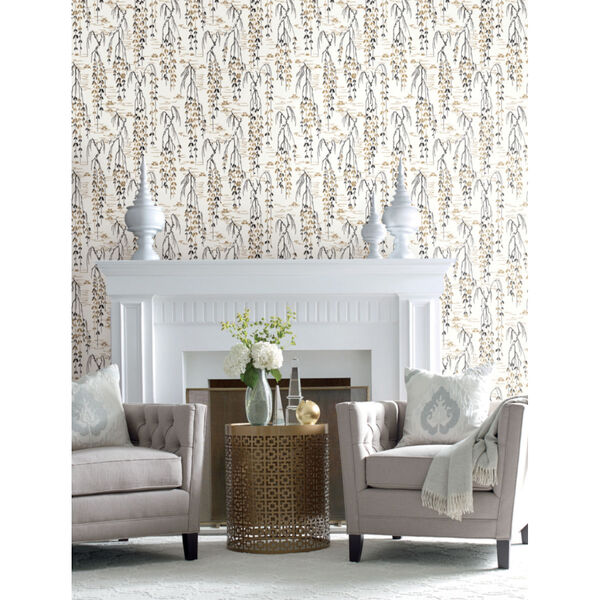 Ronald Redding Tea Garden White, Black and Gold Willow Branches Wallpaper, image 1