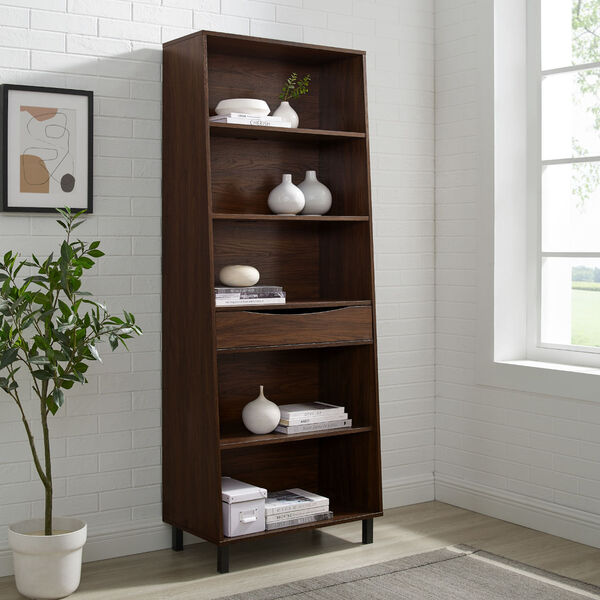 Ryder Dark Walnut Five-Shelf Bookcase with Drawer, image 3