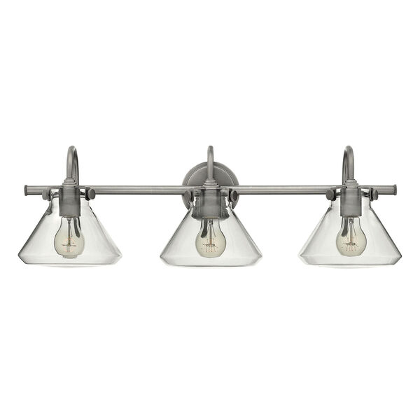Congress Antique Nickel 29.5-Inch Three Light Bath Fixture with Clear Pyramid Glass, image 1
