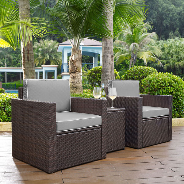 Palm Harbor 3-Piece Outdoor Wicker Conversation Set With Grey Cushions - Two Arm Chairs and Side Table, image 1