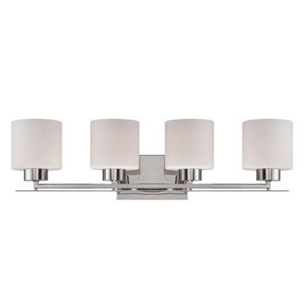 Parallel Polished Nickel Four Light Vanity Fixture with Etched Opal Glass, image 1