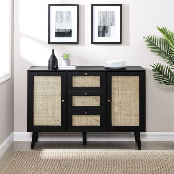 Black Solid Wood and Rattan Sideboard with Three Drawers, image 4