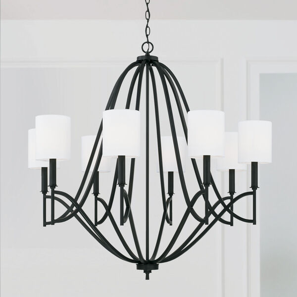 Sylvia Matte Black Eight-Light Chandelier with White Fabric Stay Straight Shades, image 2