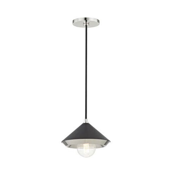 Lauren Polished Nickel Eight-Inch One-Light Mini Pendant with Black Shade, image 1