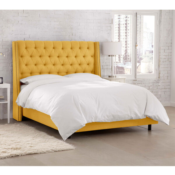 Twin Linen French Yellow 47-Inch Nail Button Tufted Wingback Bed, image 4