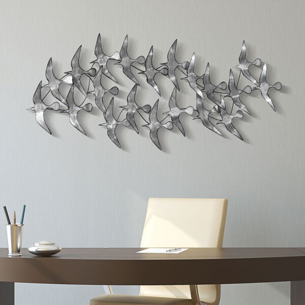 Silver Flock Hand Painted Etched Metal Wall Sculpture, image 1