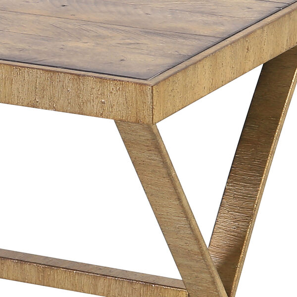 Better Ending Bright Aged Gold and Solid Brown Stained Pine Side Table, image 4