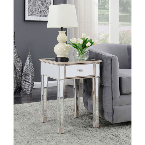 Gold Coast Mirrored End Table with Drawer in Weathered White, image 2