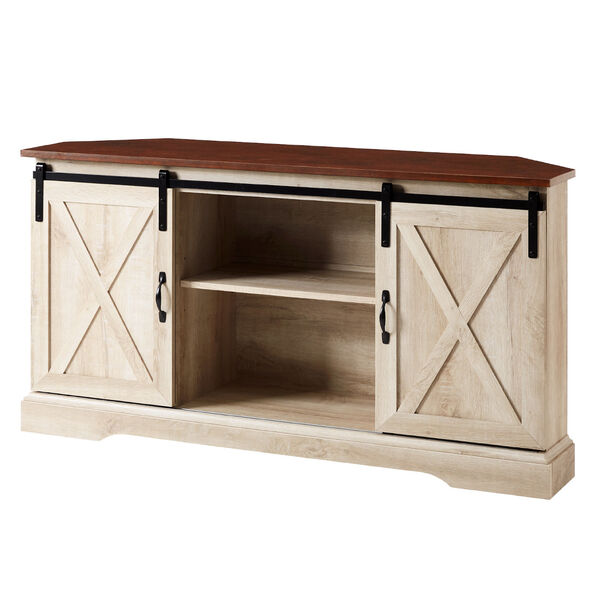 Traditional Brown and White Oak Sliding Barn Door Corner TV Stand, image 4