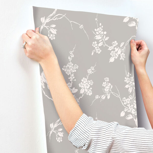 Silhouettes Gray White Imperial Blossoms Branch Wallpaper, image 5