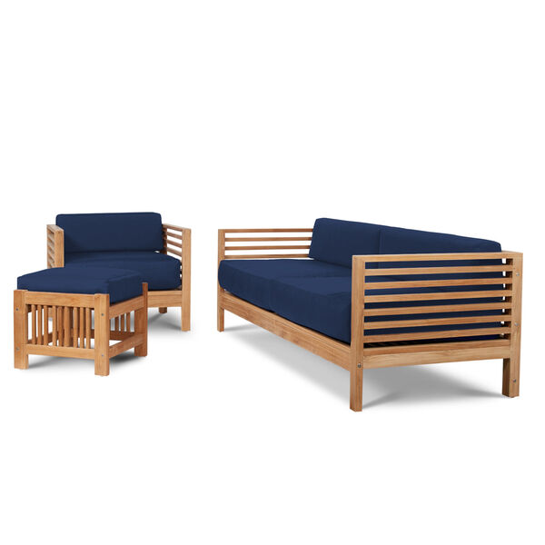 Summer Natural Teak Five-Piece Outdoor Deep Seating set with Subrella Navy Blue Cushion, image 4