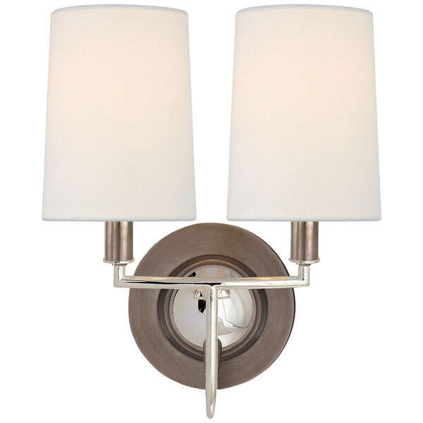 Elkins Double Sconce in Antique Nickel and Polished Nickel with Linen Shades by Thomas O'Brien, image 1