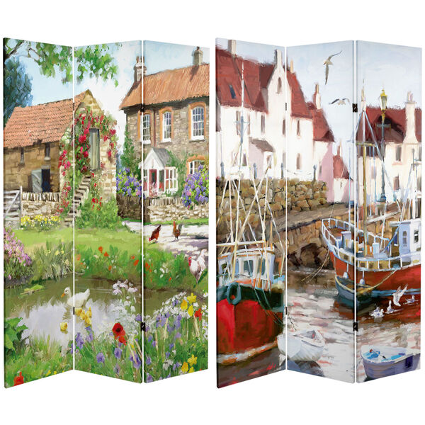 Tall Double Sided Country Village Multicolor Canvas Room Divider, image 1