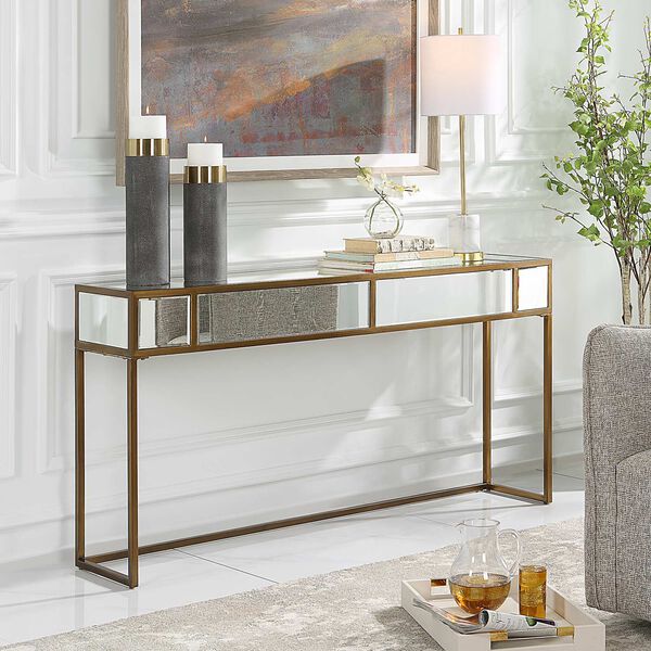 Reflect Brushed Gold Mirrored Console Table, image 4