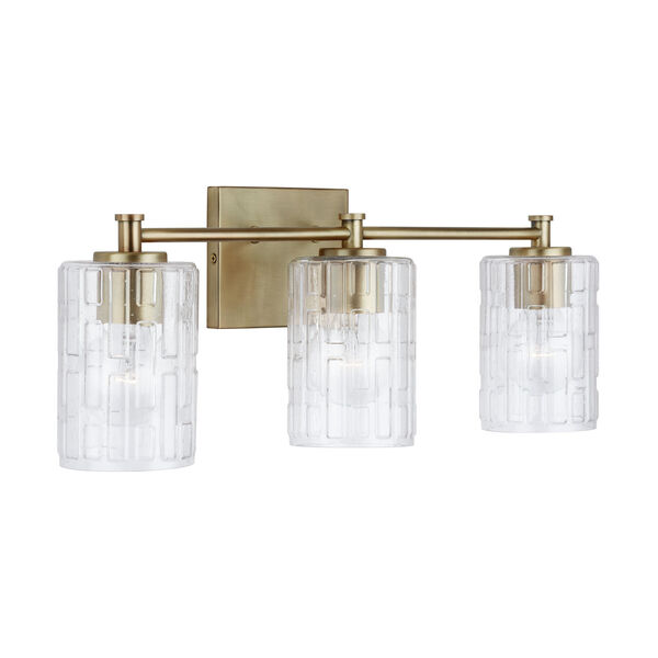 Aged Brass Three-Light Bath Vanity with Clear Embossed Glass, image 1