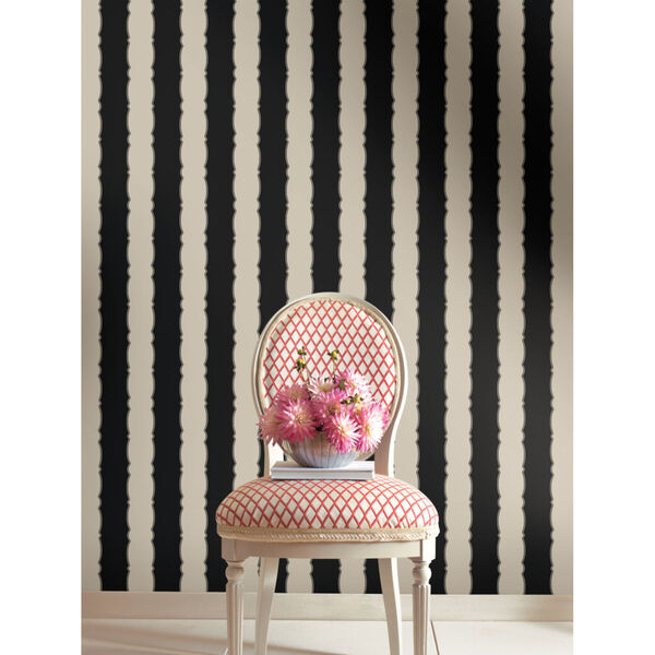 Grandmillennial Black Scalloped Stripe Pre Pasted Wallpaper - SAMPLE SWATCH ONLY, image 1