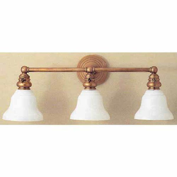 Boston Functional Triple Light in Hand-Rubbed Antique Brass with White Glass by Chapman and Myers, image 1