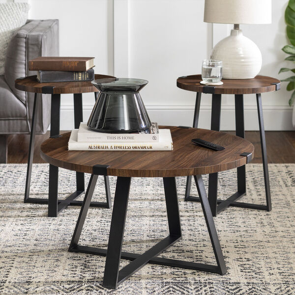 Dark Walnut Metal Wrap Coffee Table and Side Table Set, 3-Piece, image 3