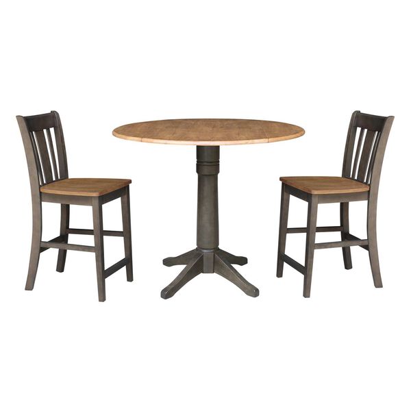 Hickory Washed Coal Round Dual Drop Leaf Counter Height Dining Table with Two Splatback Stools, image 1